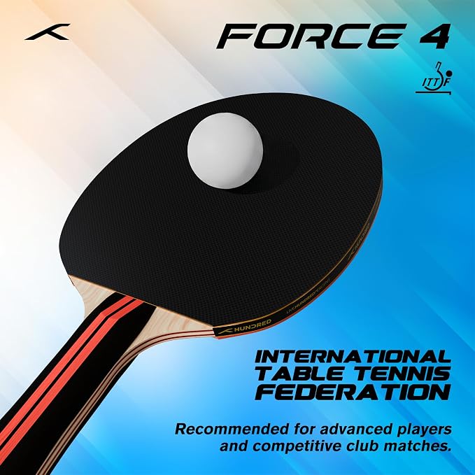 Hundred Force 4 Table Tennis Racket | Control-Oriented Table Tennis Bat | Reliable Spin & Speed for Everyday Competitive Play - Red/Black